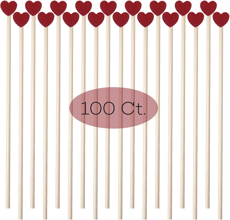OSSIJAY 100 Piece 6Inch Rock Candy Sticks with Heart-Shaped Wooden Sticks for Lollipop, Coffee, Appetizer Skewers (Red) - Image 1